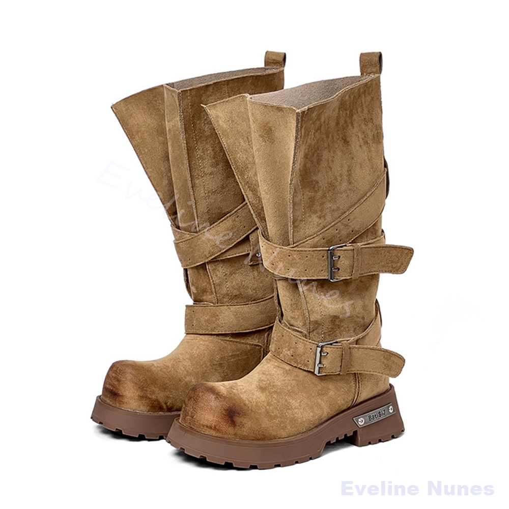 Leather Classic Strap - Botas de Motociclista de Plataforma con